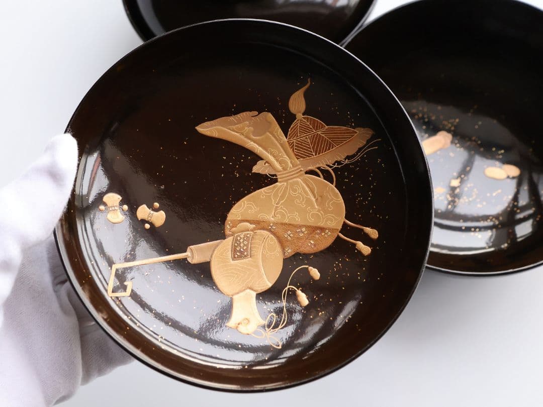 【MB192】輪島塗 宝尽くし金蒔絵 黒塗椀 二客 天然木漆塗 大正昭和 茶懐石