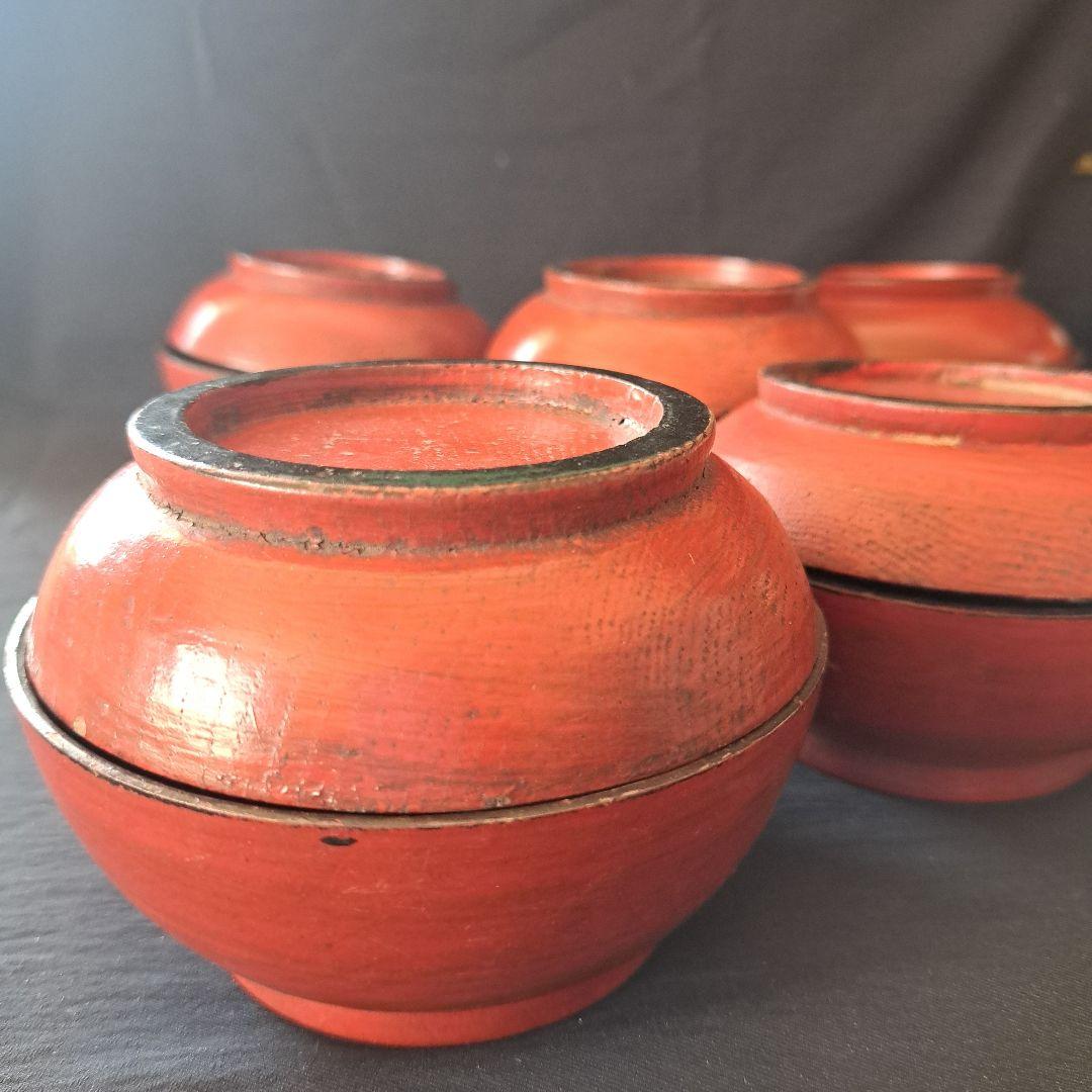 「根来(ねごろ)椀の渋み！」桃山時代？木製漆器(直径12cm) 5個セット 骨董