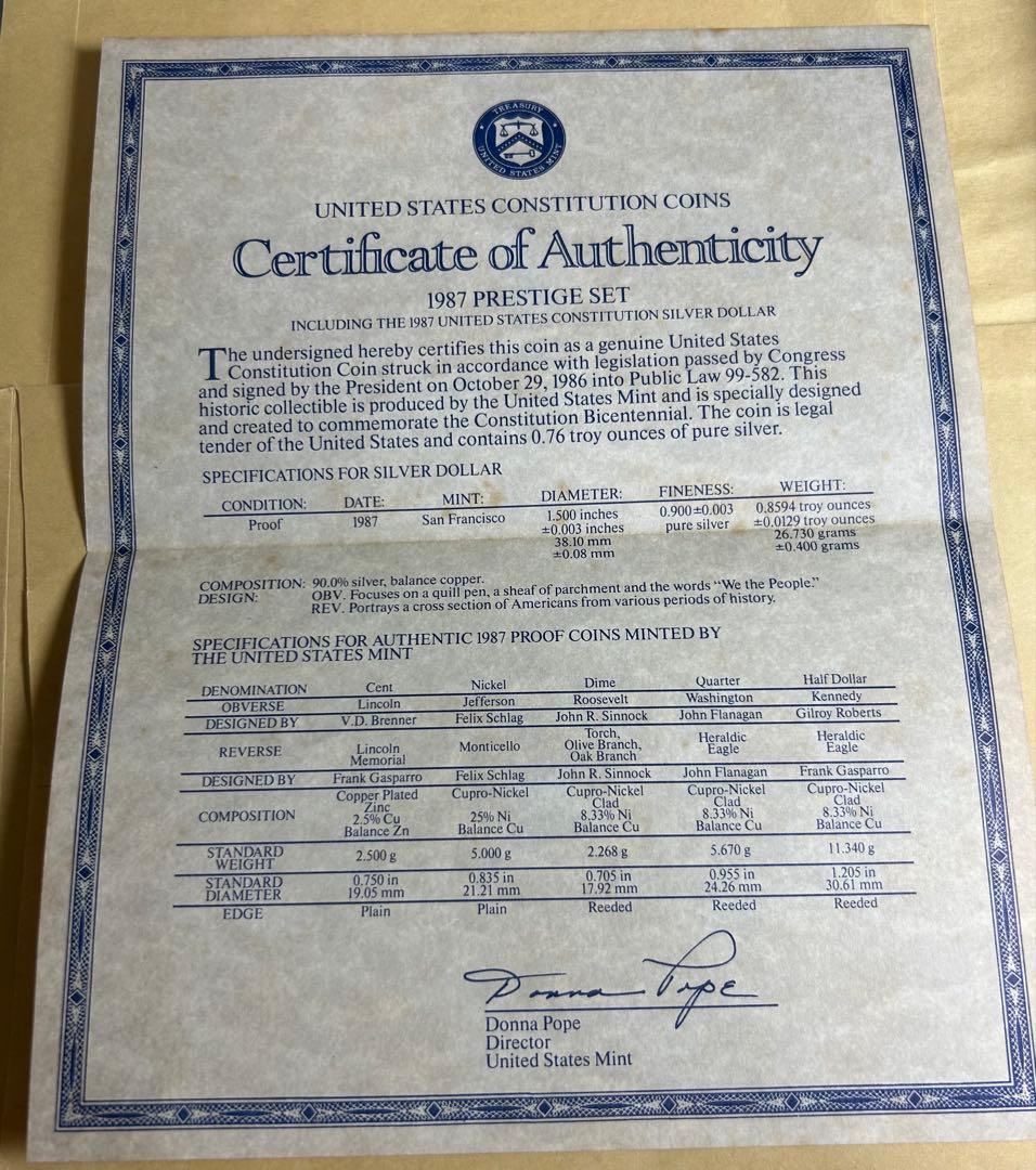 [1987年] アメリカプレステージ プルーフセット 鑑定書付き 本物保証