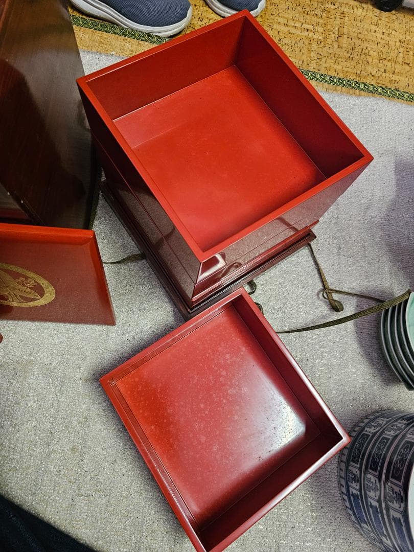 幕末明治の能登輪島塗沈金家紋重箱 蓋2枚付き