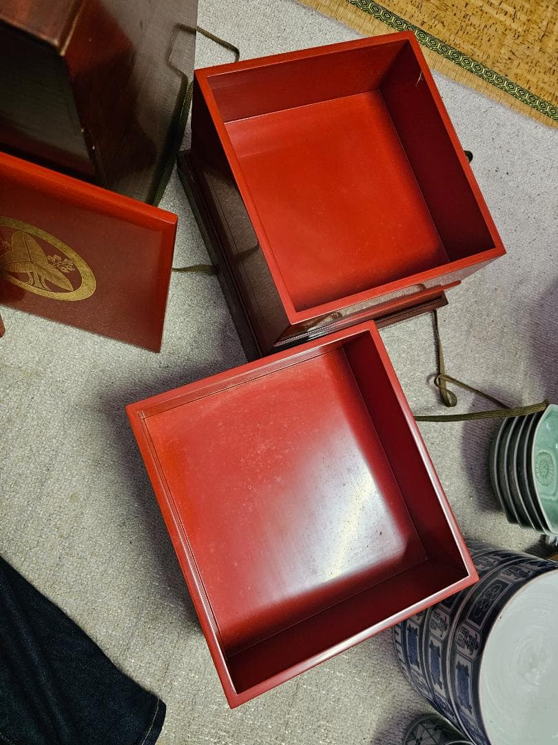 幕末明治の能登輪島塗沈金家紋重箱 蓋2枚付き