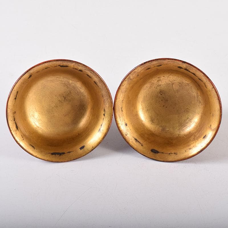 根来塗　朱塗　金彩　紅葉刻　漢詩刻　杯　一對　時代箱付　F　R8032