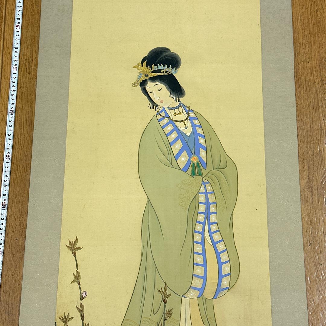 掛軸 雪洲 美人画 落款あり 桃の花 雪洲散史 彩色画 日本画 人物画 季節掛け