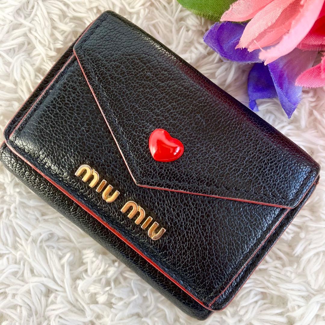 専用✨ ミュウミュウ マドラス　ラブレター ハート　3つ折り財布　ブラック