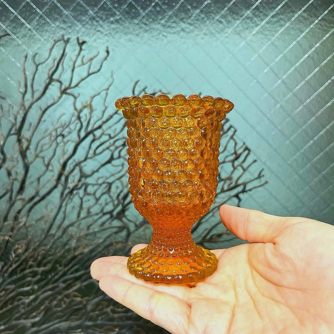 骨董　時代ガラス　希少　橙色　黄色暈し　霰プレス　あられ　氷コップ　ウラン １客