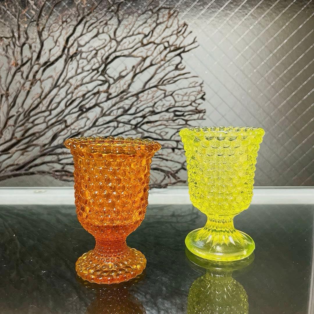 骨董　時代ガラス　希少　橙色　黄色暈し　霰プレス　あられ　氷コップ　ウラン １客