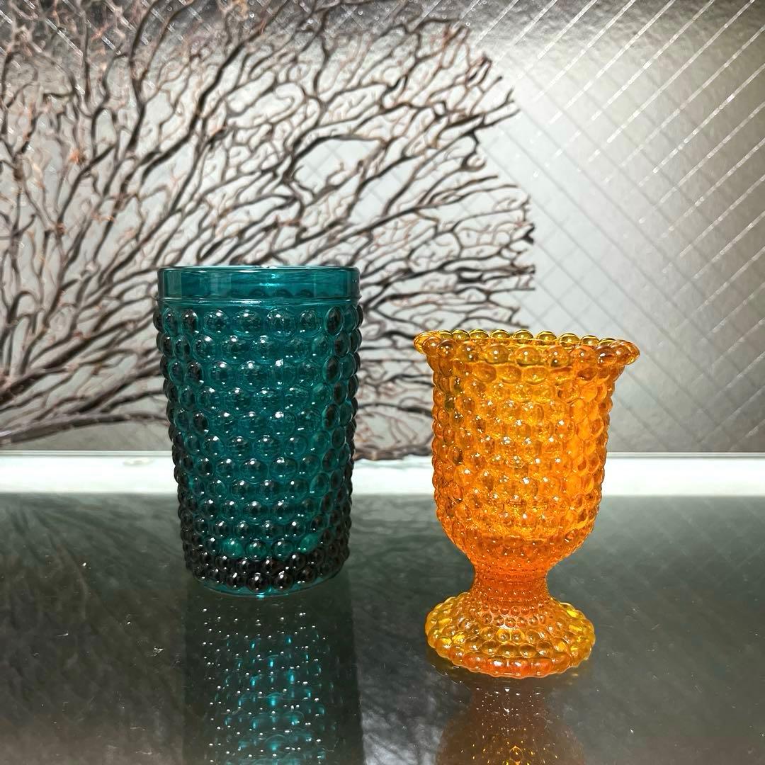 骨董　時代ガラス　希少　橙色　黄色暈し　霰プレス　あられ　氷コップ　ウラン １客