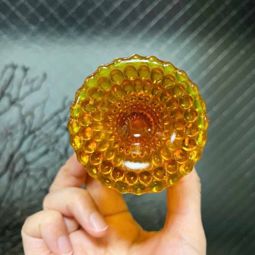 骨董　時代ガラス　希少　橙色　黄色暈し　霰プレス　あられ　氷コップ　ウラン １客