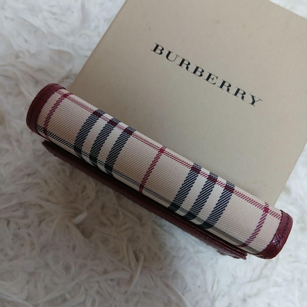 【美品】【BURBERRY】ノバチェック　３つ折り財布　ベージュ　ボルドー