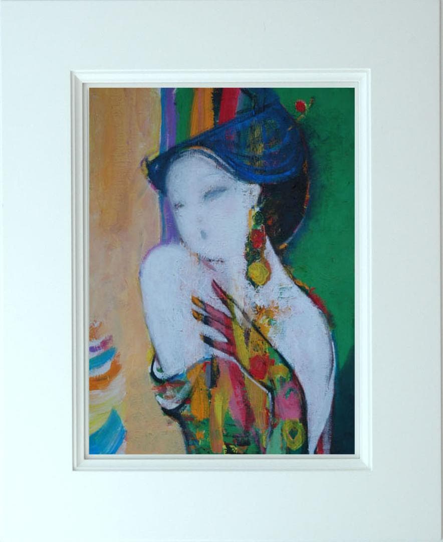 油絵 菅家令子 絵 絵画インテリア額付(青緑＋金色の枠)uF6-010111女性