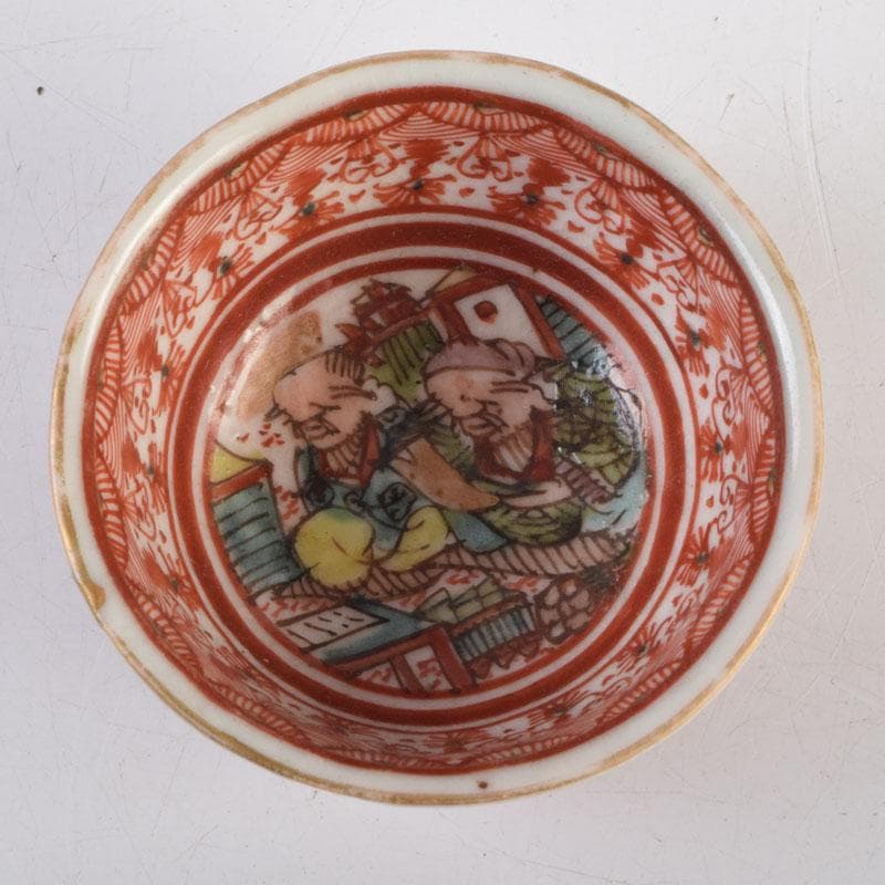 九谷焼　古九谷　赤絵　花人物文　盃　ぐい呑　N　9175