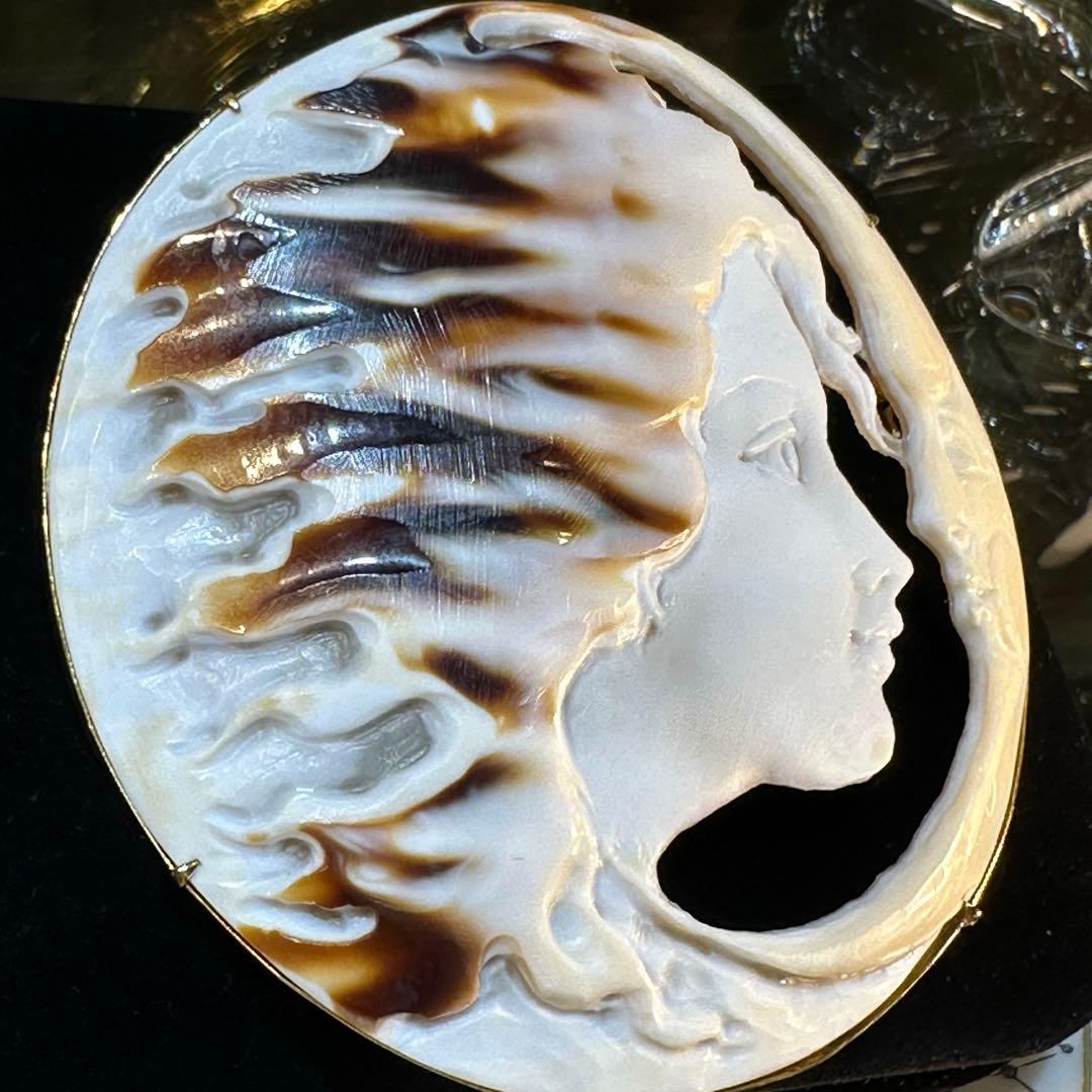 K18 直径7cm月と少女のカメオ ブローチペンダントトップ兼用