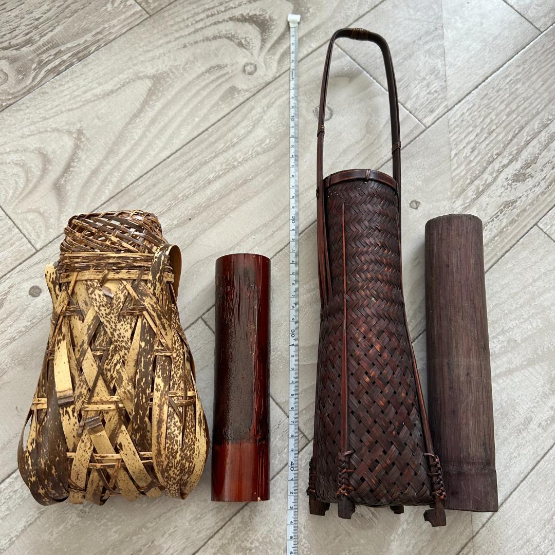 掛花入 竹編 /　手付　角網　花入　染竹：2個まとめセット　昭和レトロ　時代物