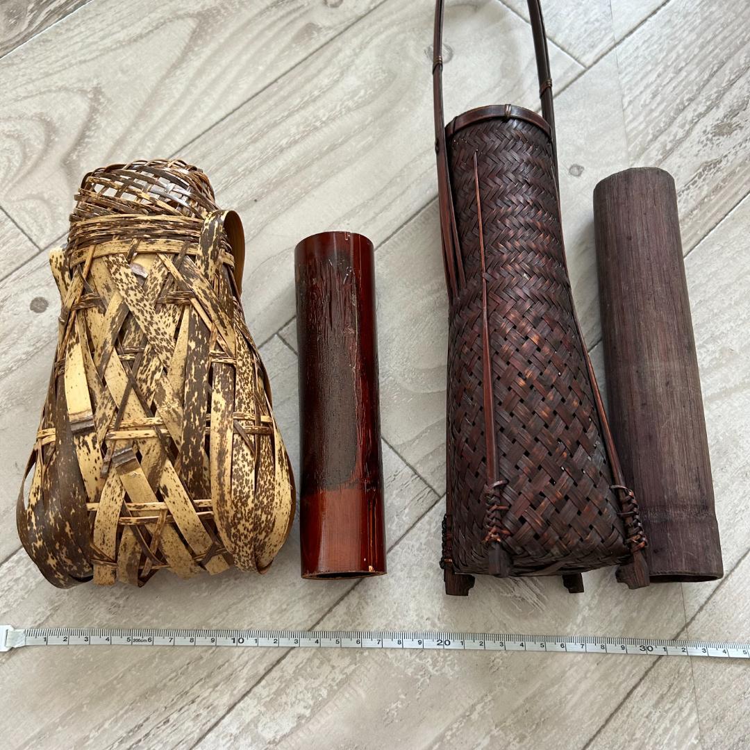 掛花入 竹編 /　手付　角網　花入　染竹：2個まとめセット　昭和レトロ　時代物