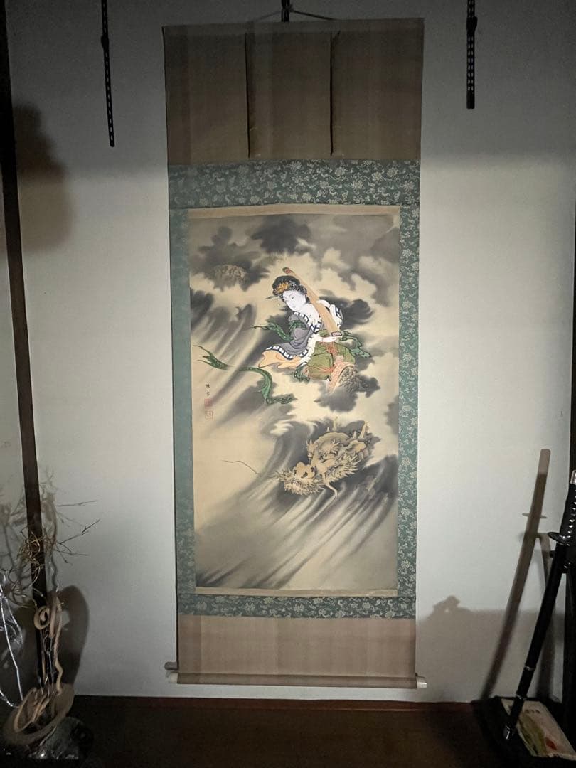 掛軸/曽根琴峯筆/龍上天女之図/龍/天女/肉筆/骨董/アンティーク