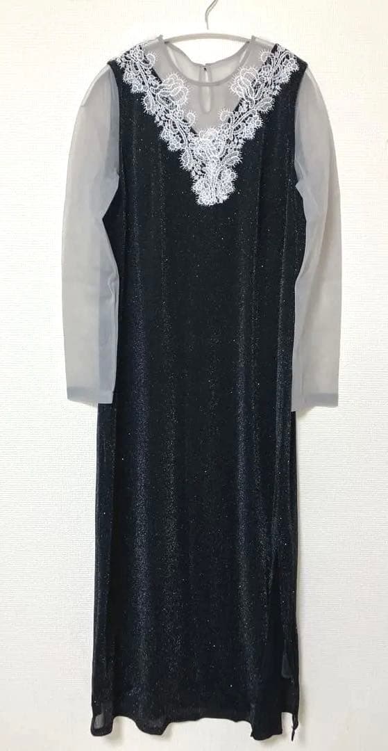 mayu　レジャ　レースネック透け袖スリットキラキラロングドレスワンピース