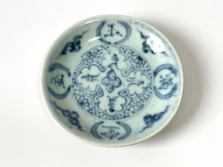 骨董　青磁　染付　金玉満堂　梵字　五寸皿　中国　古染付　青花