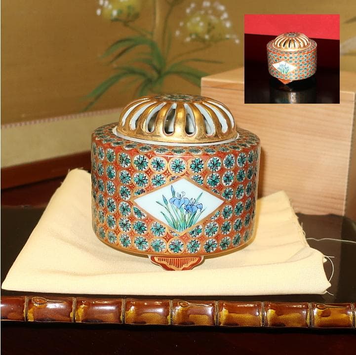 伝統工芸九谷焼　香炉　金襴手花尽くし　菖蒲（アヤメ）GIFT対応可