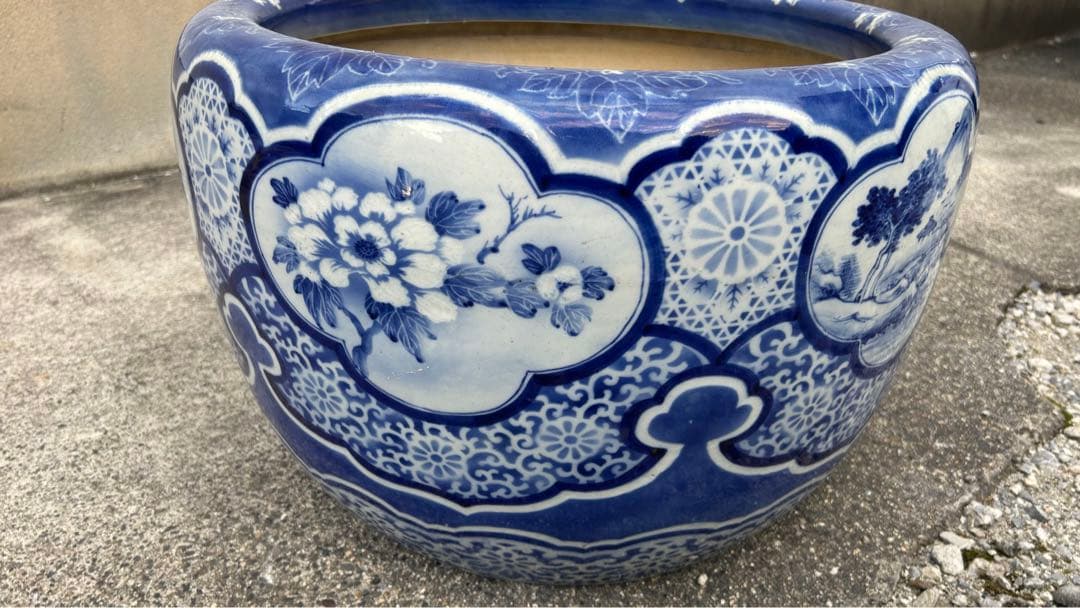 古伊万里　花唐草　染付　山水　花　松　大　火鉢　メダカ鉢　時代