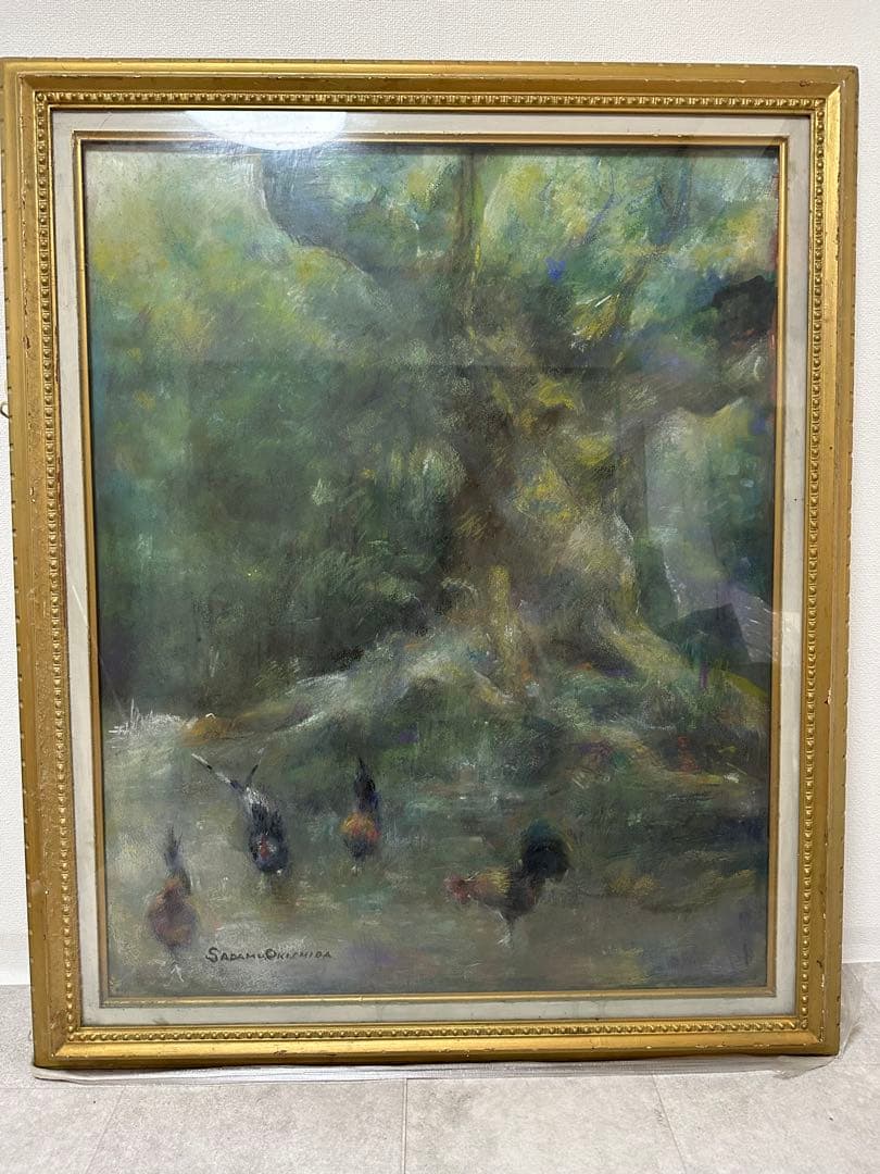 静寂の森 油彩画 額装絵画／サインあり／大型作品