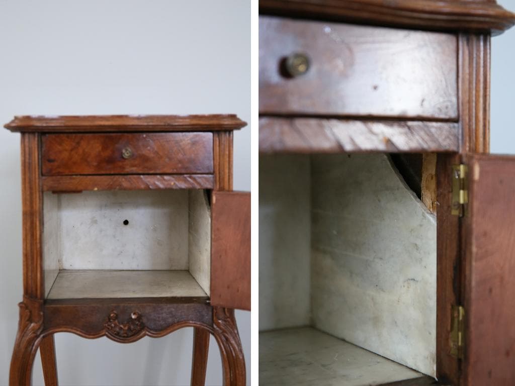 フランスアンティーク木製*大理石キャビネット/ナイトテーブル机(90-35-2)