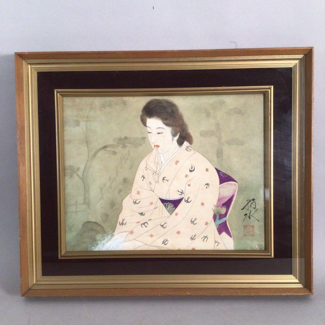 No3885額装　在銘　指水　美人画　燕柄着物　肉筆絹本　日本画　絵画 送料無料