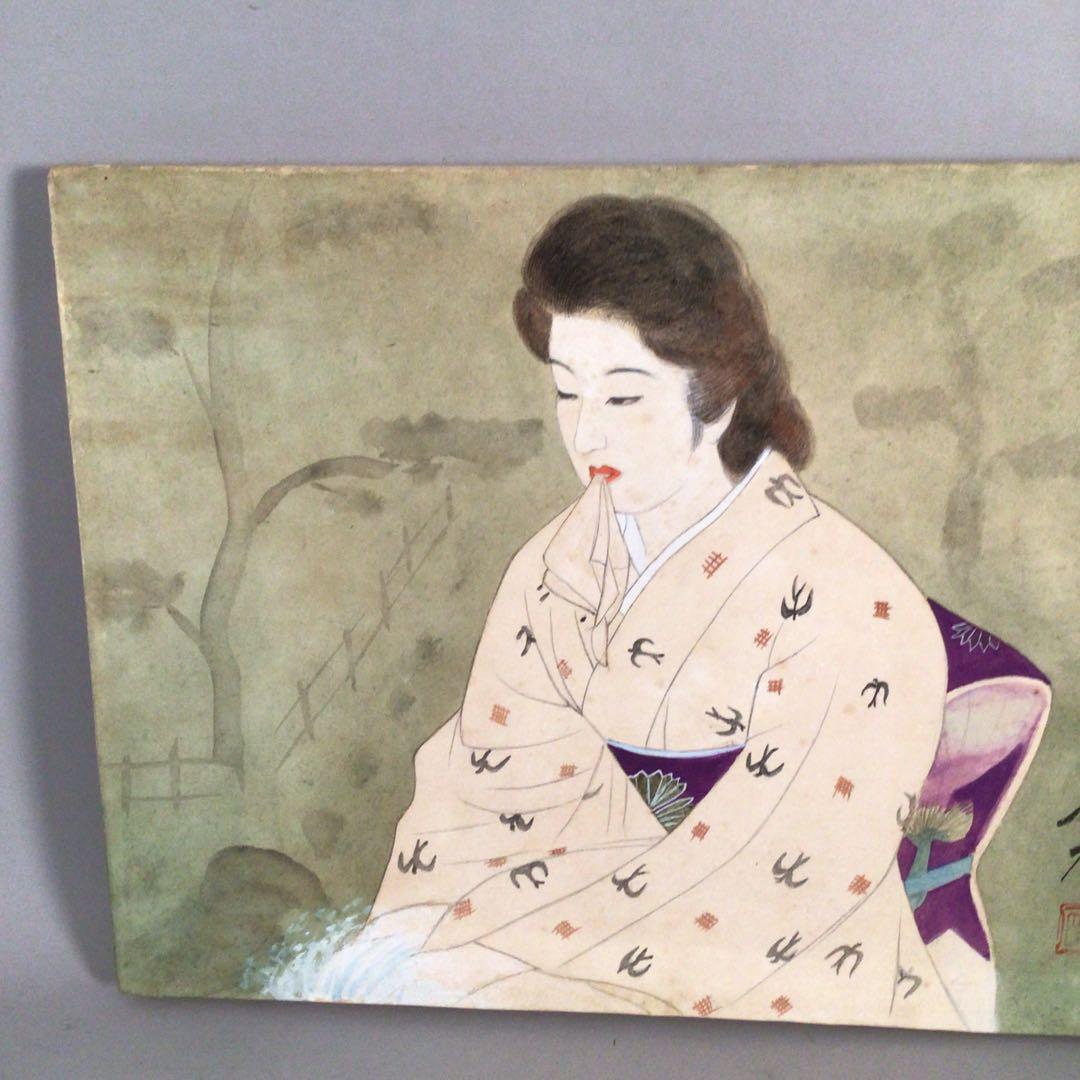 No3885額装　在銘　指水　美人画　燕柄着物　肉筆絹本　日本画　絵画 送料無料