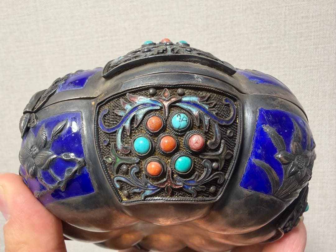 七宝焼 Sliver925 銀製 珊瑚 茶道具 置物 中国美術 465.5g