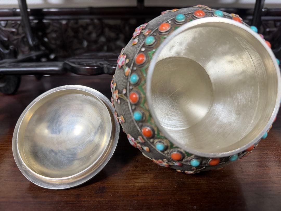 七宝焼 Sliver925 銀製 珊瑚 茶道具 置物 中国美術 465.5g