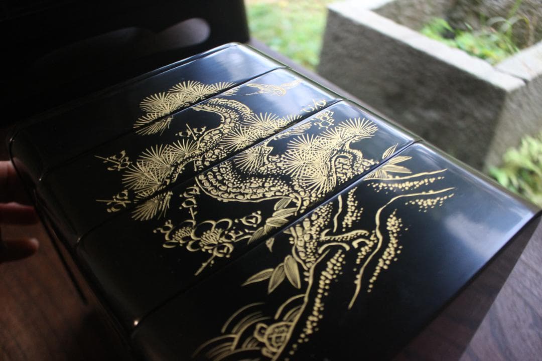 デッドストック！！極上松竹梅鶴亀沈金の映える輪島塗屠蘇器重箱揃い（検重箱お重