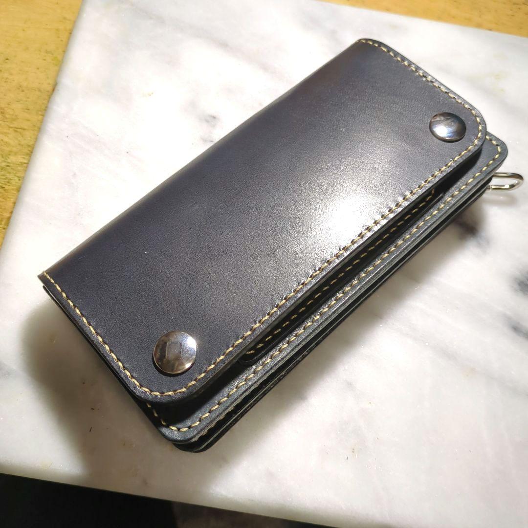 姫路ヌメ革 トラッカーウォレット ハンドメイド 長財布 ロングウォレット 黒