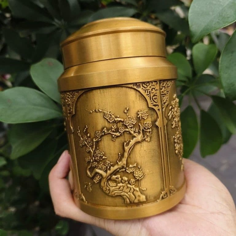 銅 細工 梅蘭竹菊茶缶 密封貯蔵缶 茶道工芸品 置物