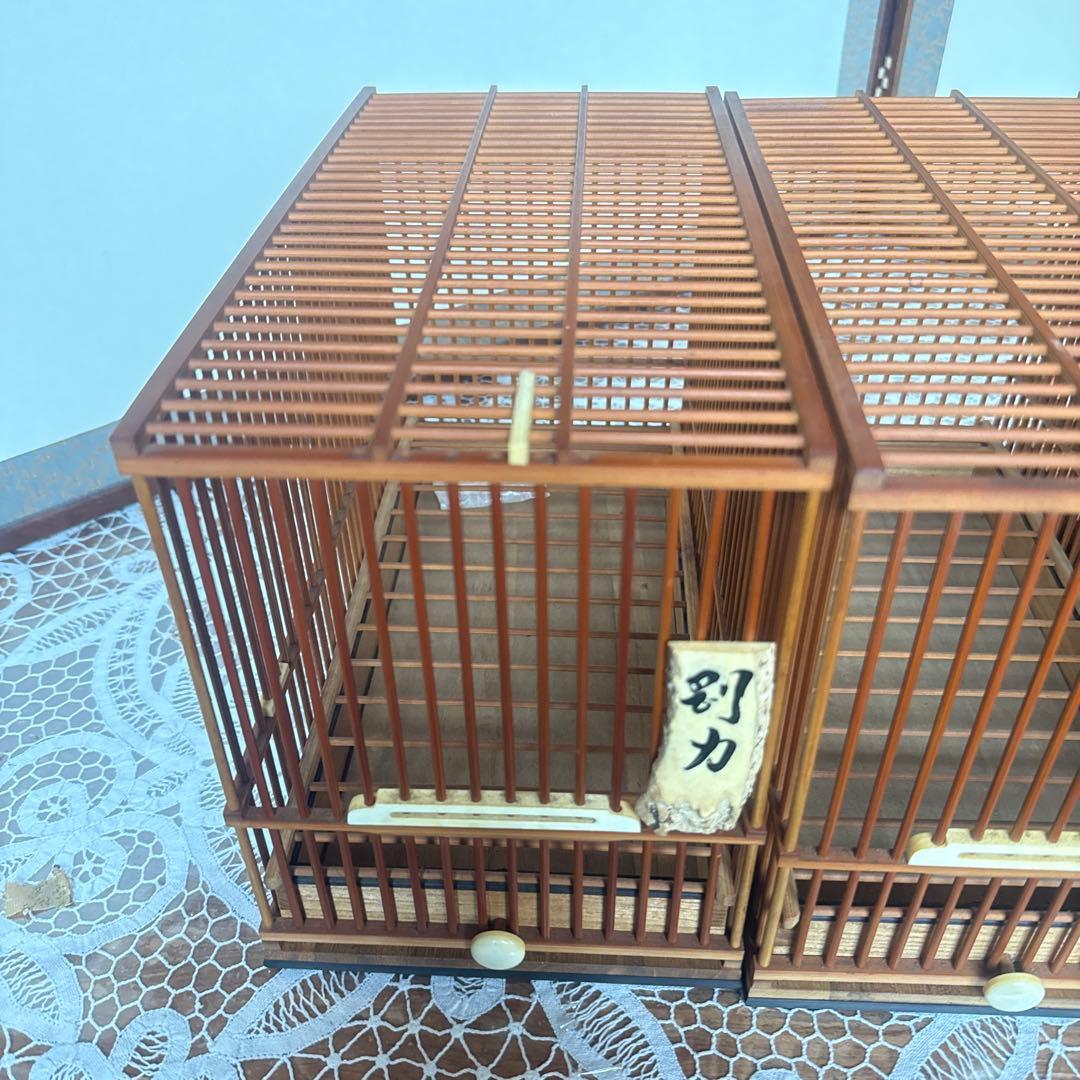 目白籠名人籠田村特注寝籠縁紫檀網戸本金糸カンザシ前止餌掛極上牙　名鳥札鹿角未使用