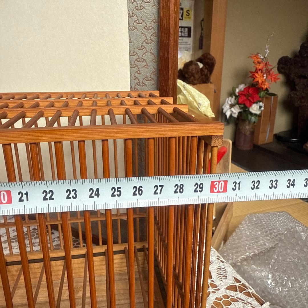 目白籠名人籠田村特注寝籠縁紫檀網戸本金糸カンザシ前止餌掛極上牙　名鳥札鹿角未使用