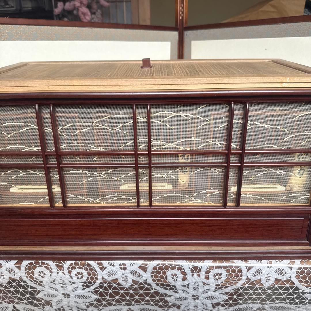 目白籠名人籠田村特注寝籠縁紫檀網戸本金糸カンザシ前止餌掛極上牙　名鳥札鹿角未使用