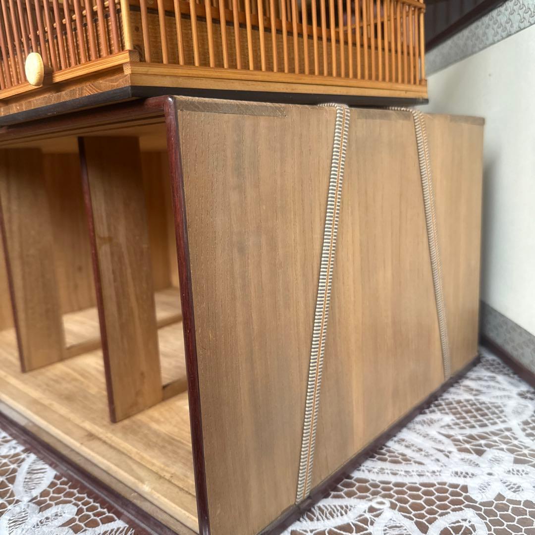 目白籠名人籠田村特注寝籠縁紫檀網戸本金糸カンザシ前止餌掛極上牙　名鳥札鹿角未使用