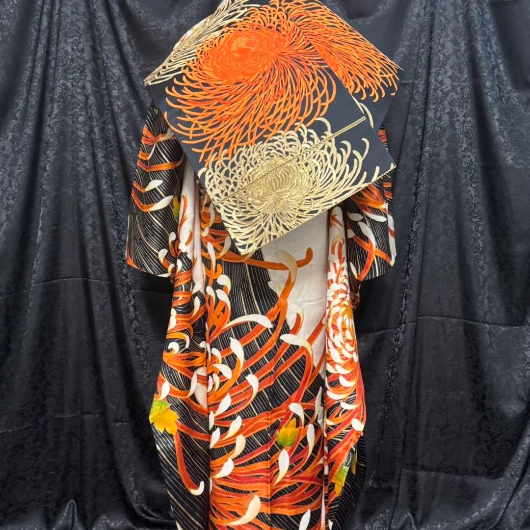 乱菊　大柄　地紋　金駒刺繍　金彩　フルセット　振袖　振り袖