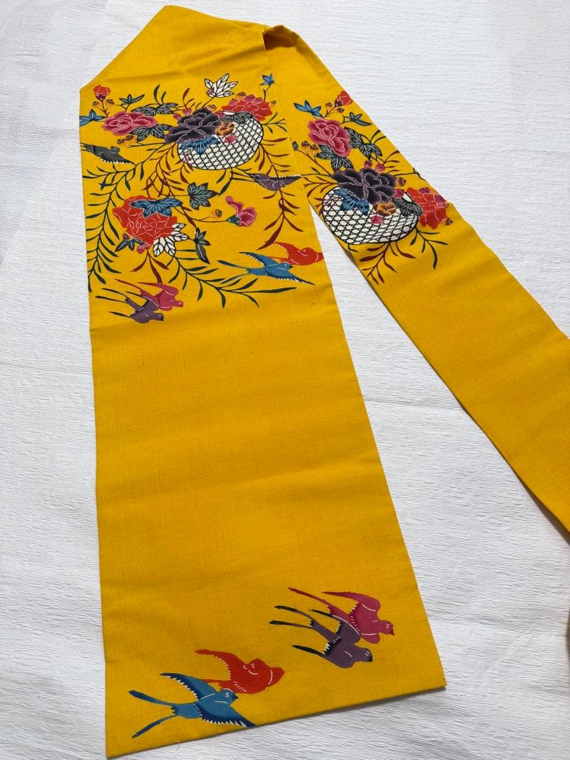 m-45 本場琉球紅型 鳥 花 名古屋帯 正絹 未使用