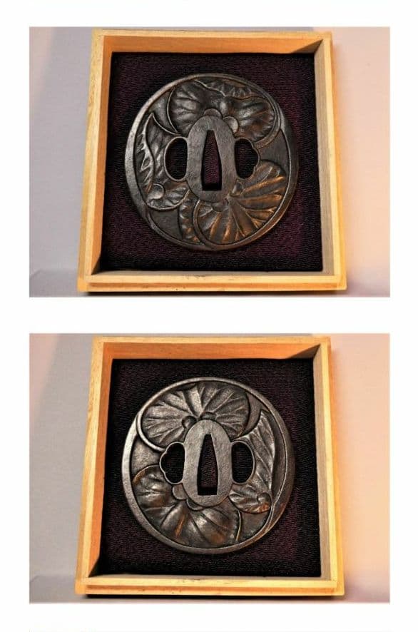 徳川幕府 将軍家 三つ葉葵名家蔵出し 鉄地三つ葉葵紋鍔 鐔 日本刀 刀 刀装具