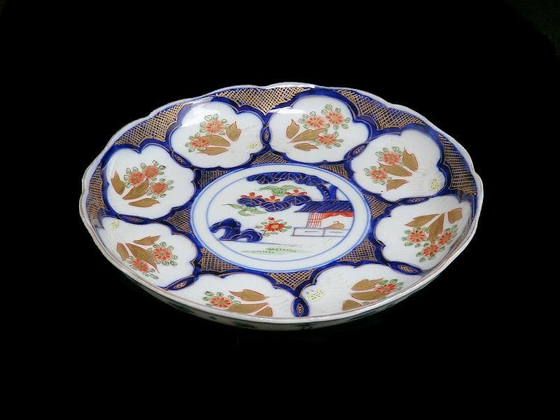 古伊万里　金襴手　陽刻　窓絵　花の図　８寸皿　E109AS-fbfq