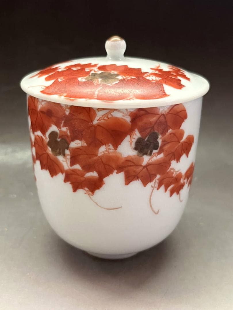 湯飲み■古九谷 赤絵 楓（江戸後期～明治期） 蓋付き湯呑 蔦 時代物 骨董品■