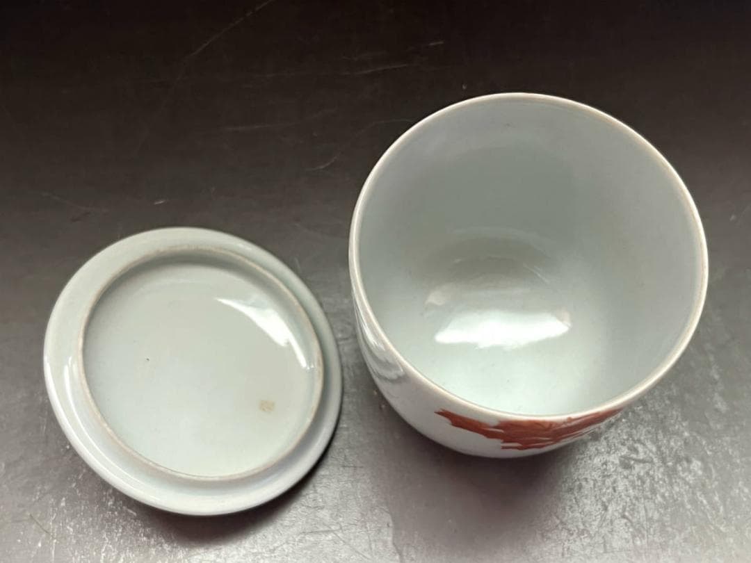 湯飲み■古九谷 赤絵 楓（江戸後期～明治期） 蓋付き湯呑 蔦 時代物 骨董品■