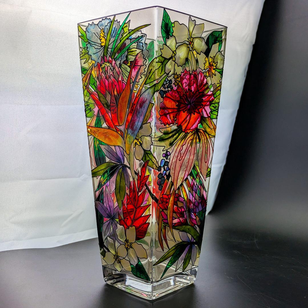 廃盤Amia製 手描き花柄ガラス花瓶 ステンドグラス風 明るいインテリアに