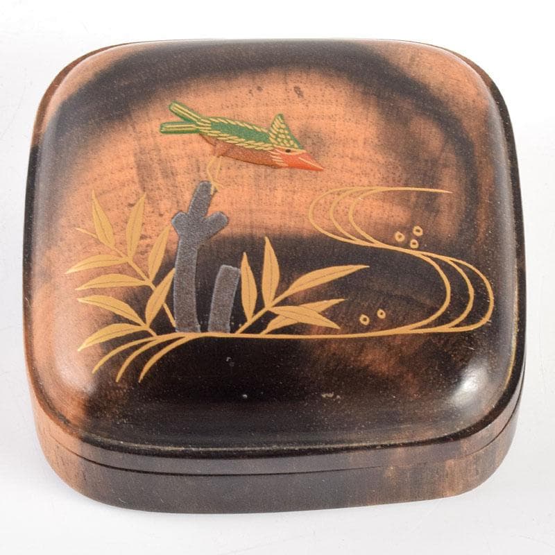 茶道具　道場宗廣作　川蝉蒔絵　黒柿四方香合　共箱　M　R4889