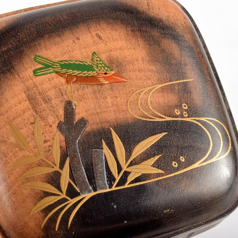 茶道具　道場宗廣作　川蝉蒔絵　黒柿四方香合　共箱　M　R4889