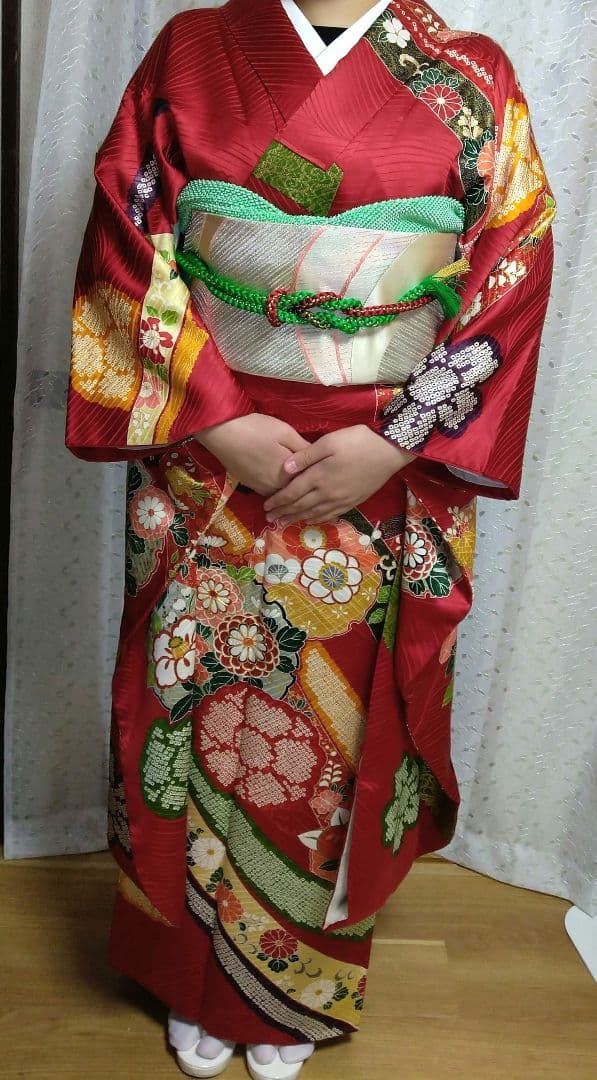 正絹中振袖・長襦袢・帯（帯揚げ/帯締め）フルセット/特殊包装袋付