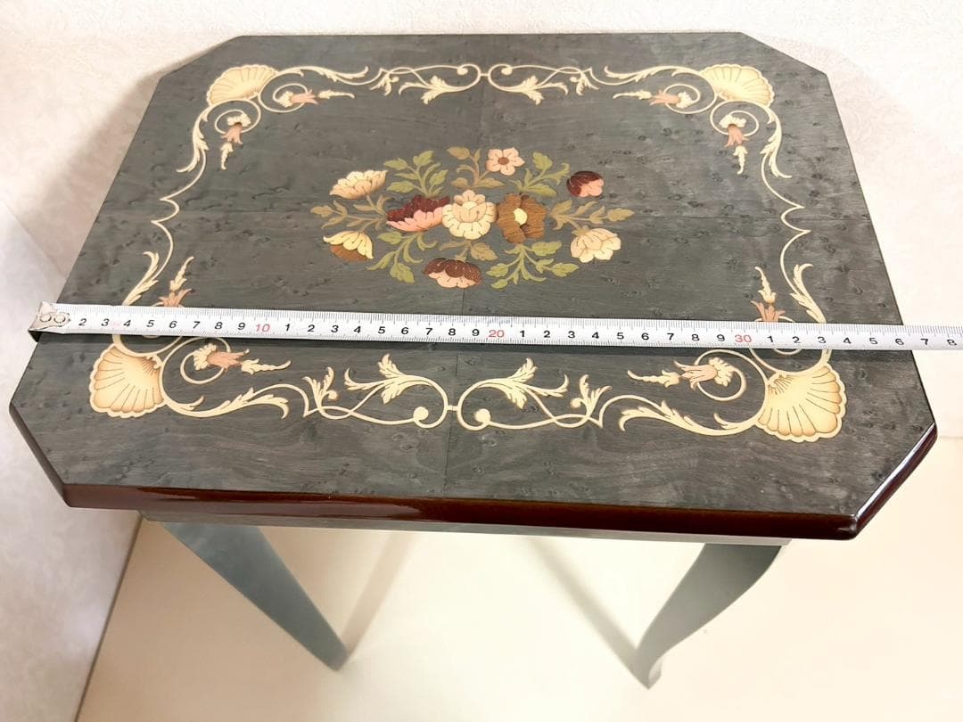 【状態良好】サイドテーブル オルゴール内蔵 猫脚 花柄インレイ 木製テーブル