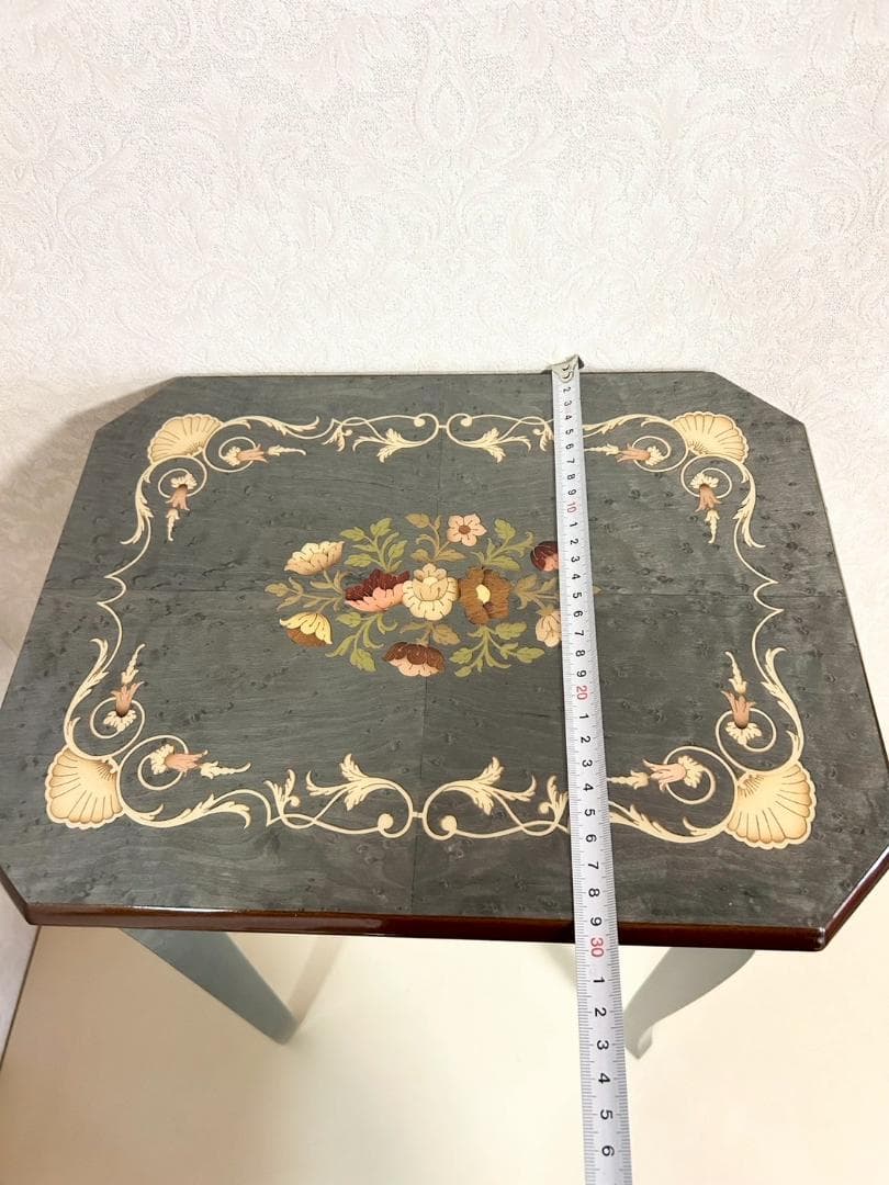 【状態良好】サイドテーブル オルゴール内蔵 猫脚 花柄インレイ 木製テーブル