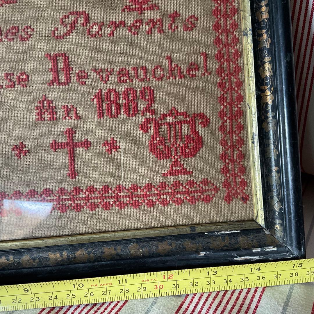 刺繍 フランス アンティーク サンプラー フレーム 1882年 ガラス入り 額装