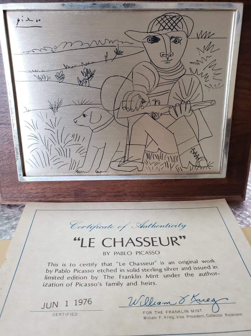 安心の本物保証。PABLOPICASSO作「狩人」ピカソ、純銀製、相続人承諾書